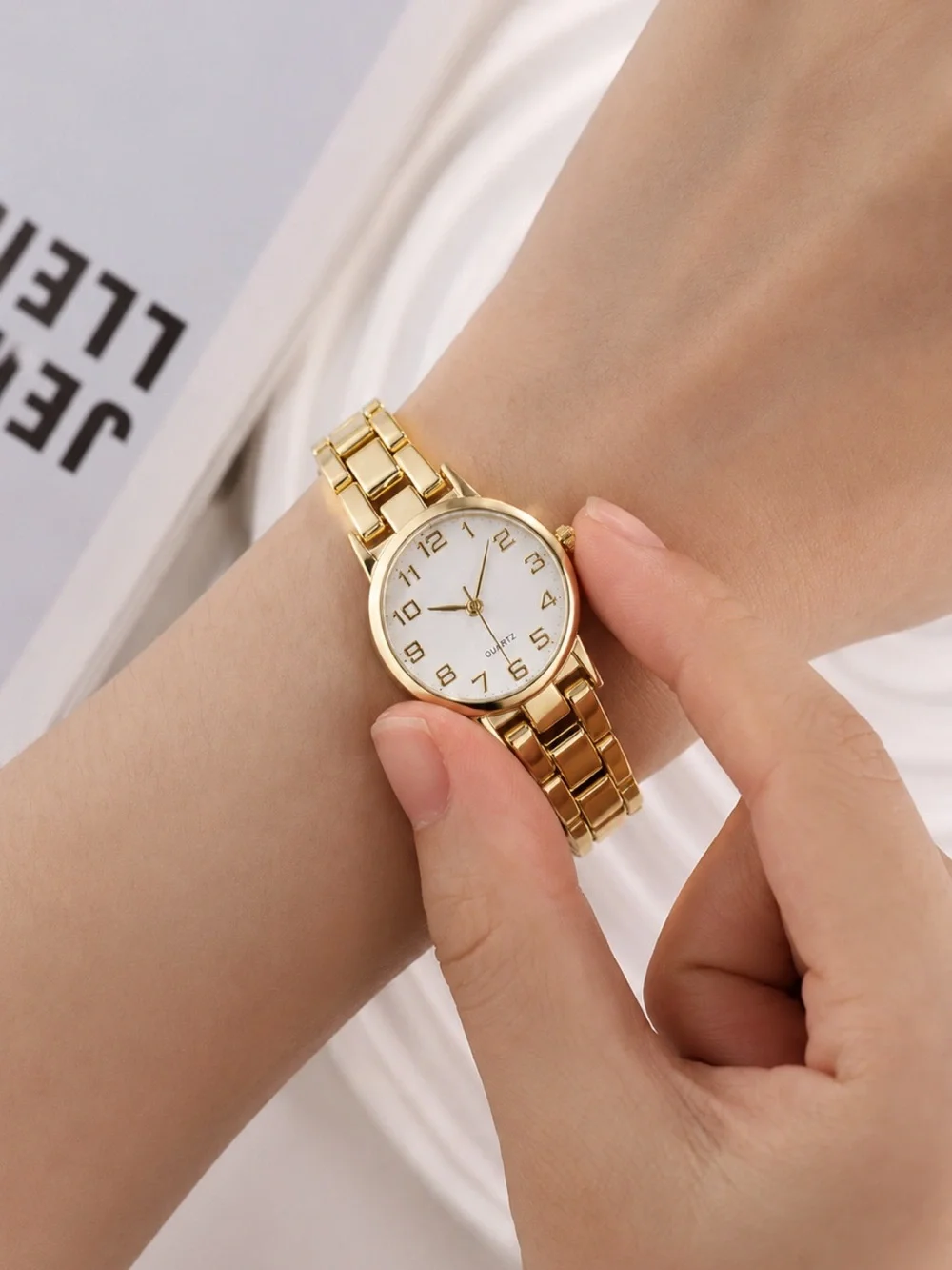 Gold Quartz Watch White Dial Dainty Stainless Steel Bracelet Waterproof Luxury
